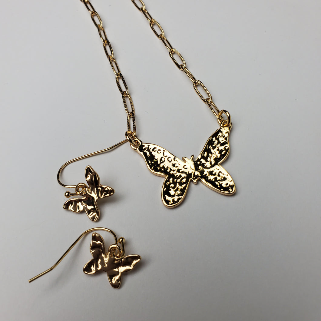 LAYERED RHINESTONE BUTTERFLY PENDANT NECKLACE EARRING SET
