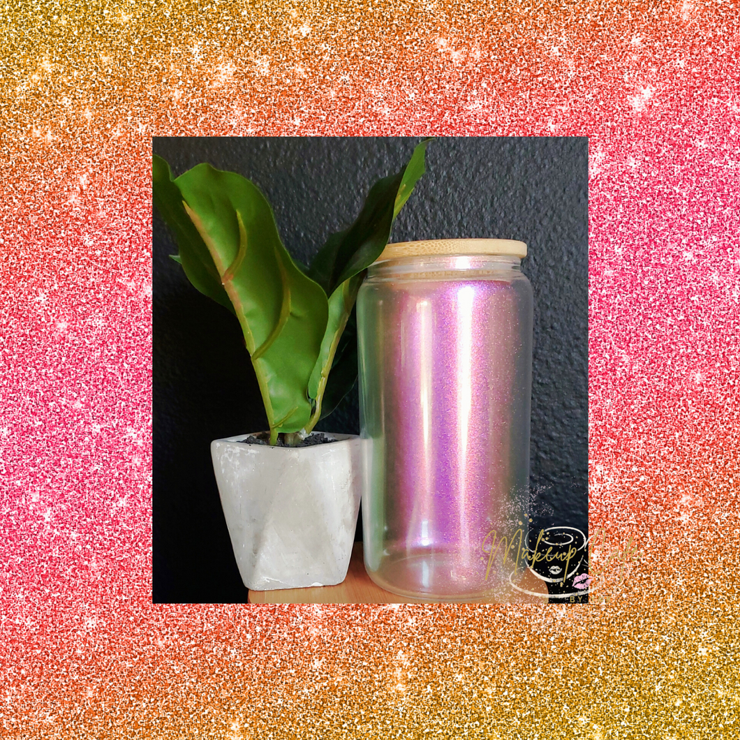 Libbey 16oz Glitter Sublimation Iridescent cup with bamboo lid and straw